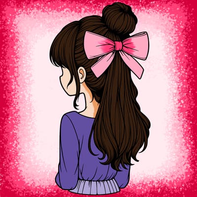realistic girl  with hip length hair a bun and a big bow on the back of head