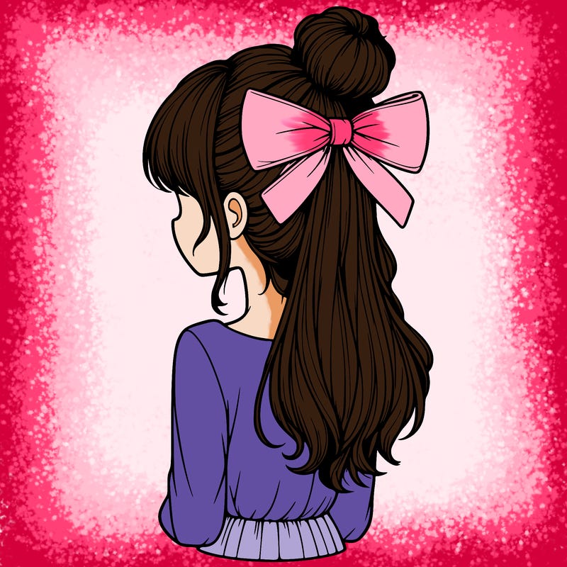 realistic girl  with hip length hair a bun and a big bow on the back of head
