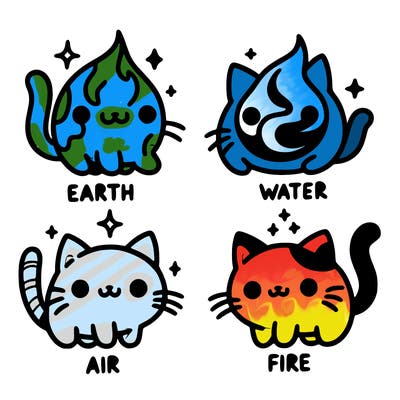 4 cats that represent the different elements, earth, water, air, and fire