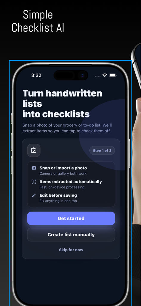 Simple AI Checklist ToDo List - Simple AI Checklist app interface showing the process of converting handwritten lists to digital checklists.