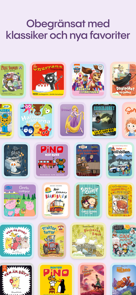 Lylli: Tusentals barnböcker - A grid showing a variety of classic and popular children books available in the Lylli app.