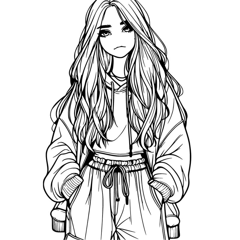realistic girl with long hair and baggy clothing