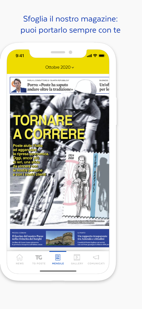 TG Poste - A mobile interface of the TG Poste app showing a digital magazine cover about Italian logistics and culture
