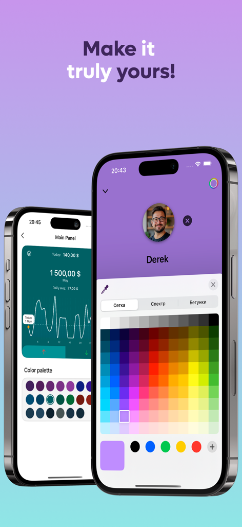 MoneySaver: Budget Planner App - Two iPhones showing the MoneySaver app interface with options to customize profile colors and the main budget dashboard