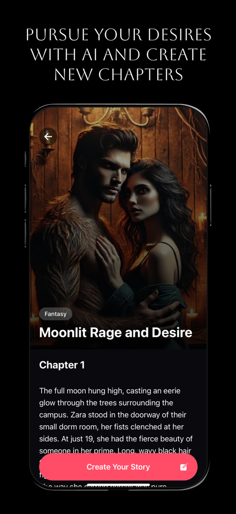 StoryLab AI: Limitless Stories - Interface of the StoryLab AI app showing a fantasy romance story chapter with a button to create your own story