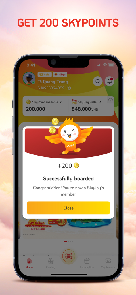 SkyJoy - SkyJoy app screen showing 200 bonus SkyPoints reward for new members