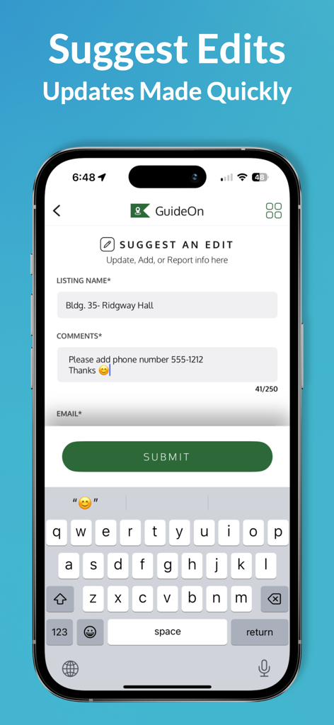 Interface of the GuideOn Military app showing a form to suggest edits for military building listings.