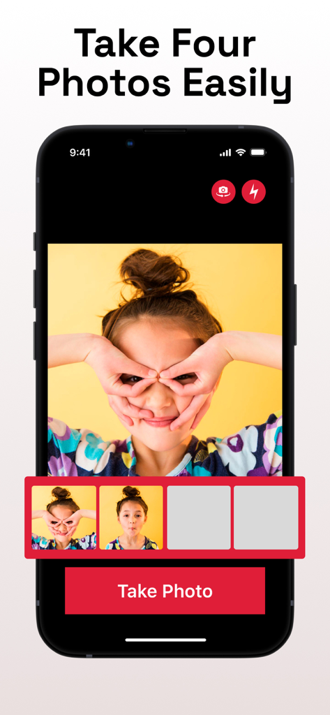 Interfaccia di un'app mobile che mostra un conto alla rovescia per scattare quattro foto sequenziali per un collage in stile cabina.