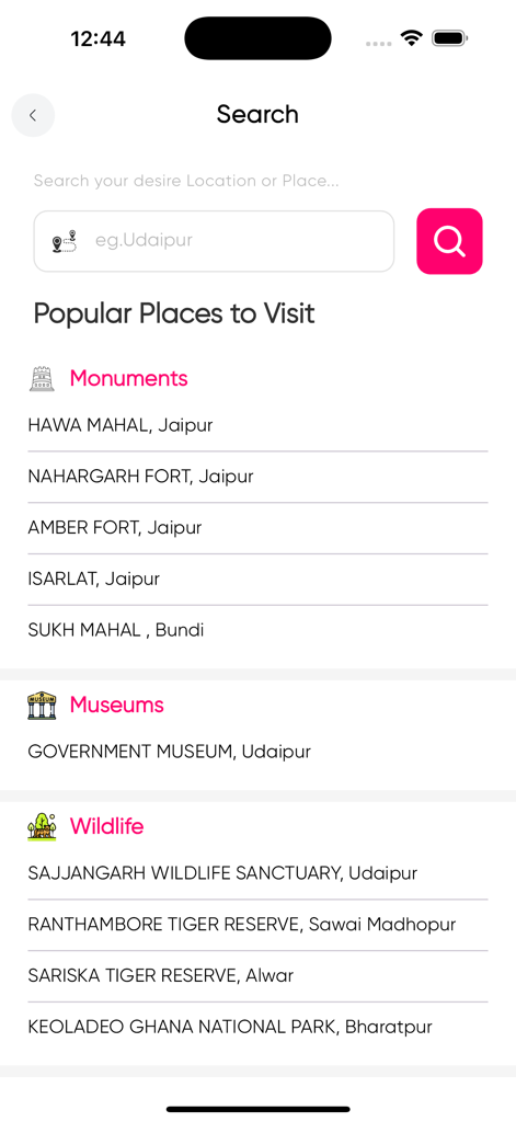 OBMS 앱의 검색 화면으로 라자스탄의 인기 기념물과 야생 동물 목적지를 보여줍니다.