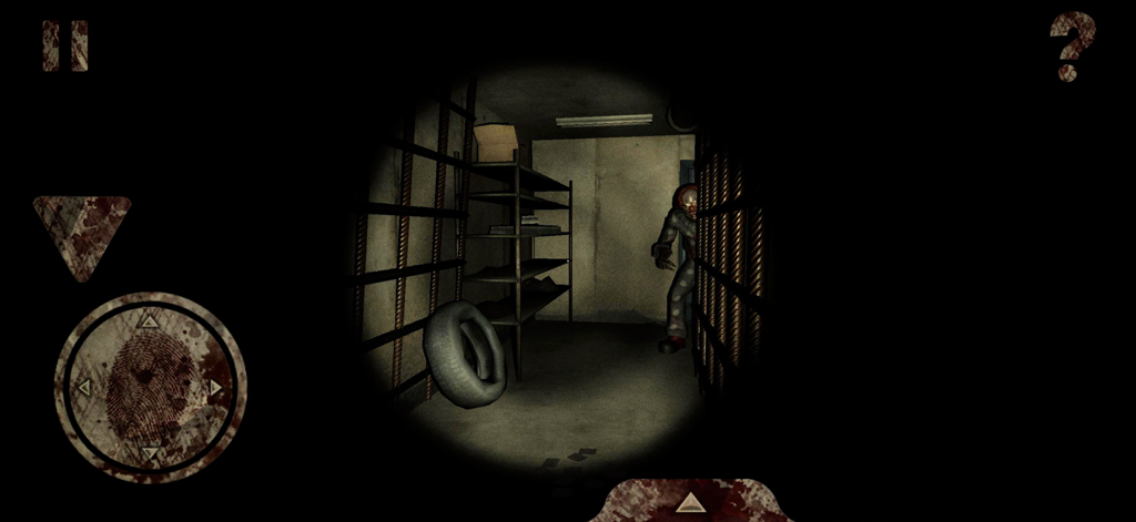 Gameplay screenshot from Death Park showing a scary clown hiding in a dark basement illuminated by a flashlight
