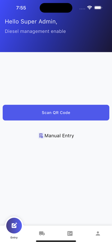 Terra Track - Interfaz de la aplicación Terra Track para gestión de diésel con botones Scan QR Code y Manual Entry.