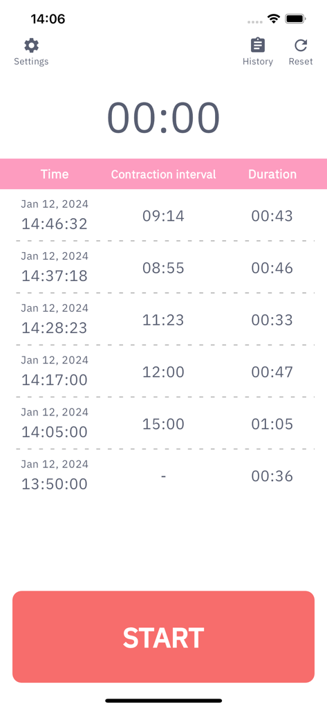 Contraction Timer - Labor Log - Contraction timer app screen featuring a large start button and a log of labor contraction history including intervals and durations