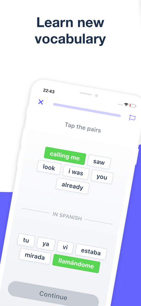Language Reactor - Sounter - Language Reactor Sounter app screen showing a Spanish to English vocabulary word matching exercise