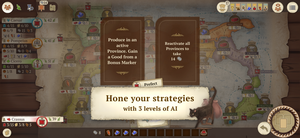 Concordia: Digital Edition - Captura de pantalla del juego Concordia Digital Edition con el mapa de la Antigua Roma y opciones de estrategia de IA.