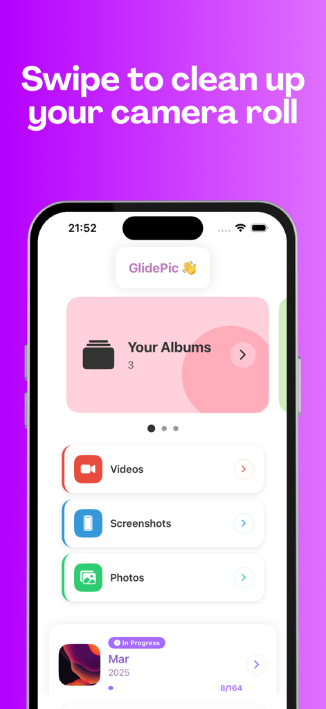 GlidePic app home screen displaying swipe to clean up your camera roll headline and media organization categories.
