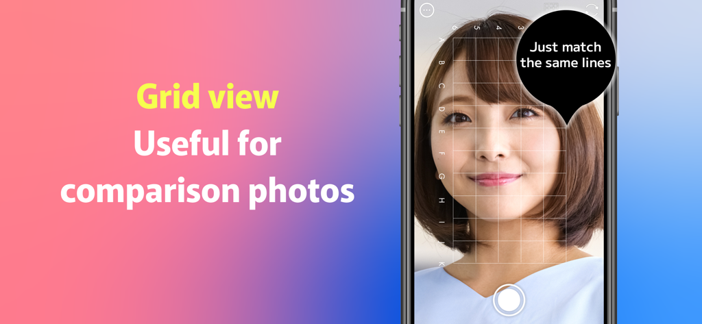 Mirror&BeforeAfter-BA mirror - A smartphone screen displaying a grid overlay on a face to help align comparison photos in the mirror app
