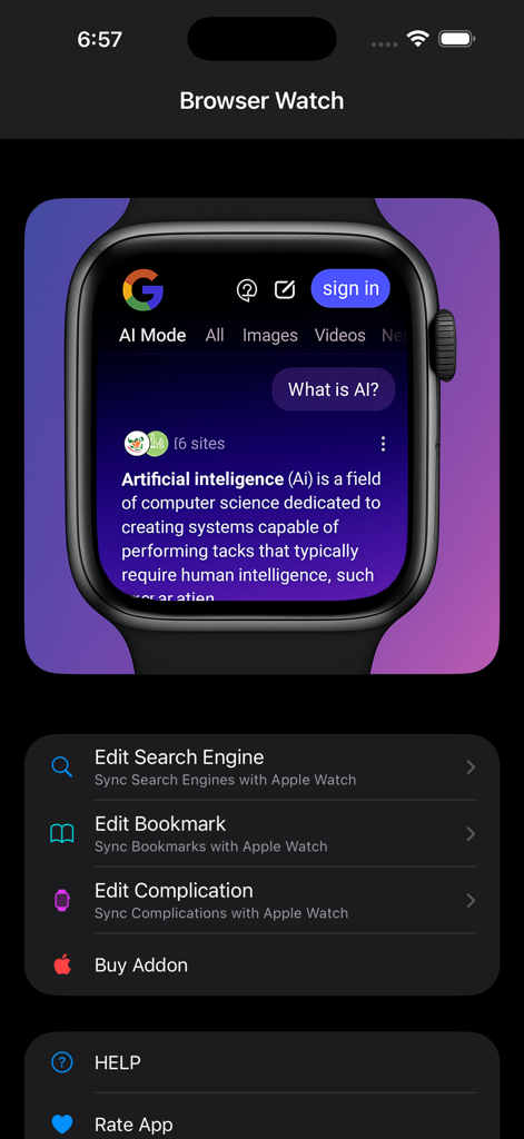 Smartphone app screen showing Apple Watch browsing AI search results and configuration settings for search engines and complications
