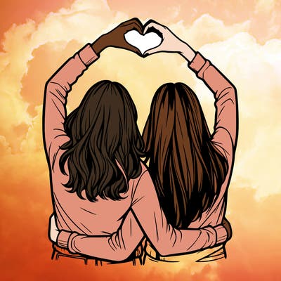 two friends with their backs turned and their hands in a heart realistic