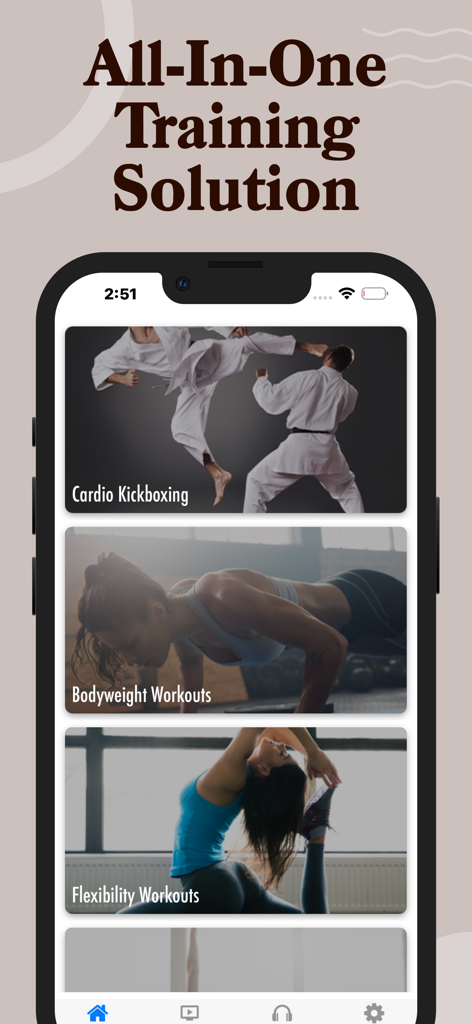 Interface of the Cardio Kickboxing app displaying various training categories like bodyweight and flexibility