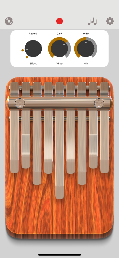 Kalimba Pro - Interfaz de la aplicación Kalimba Pro con teclas de kalimba de madera y configuración de reverberación