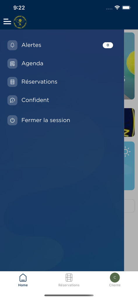 Padel33/Sb33 - Padel33 app side navigation menu showing alerts agenda and reservation options