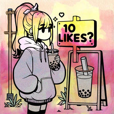 girl with oversized hoodie drinking boba and she has a high ponytail with a sign that says 10likes?