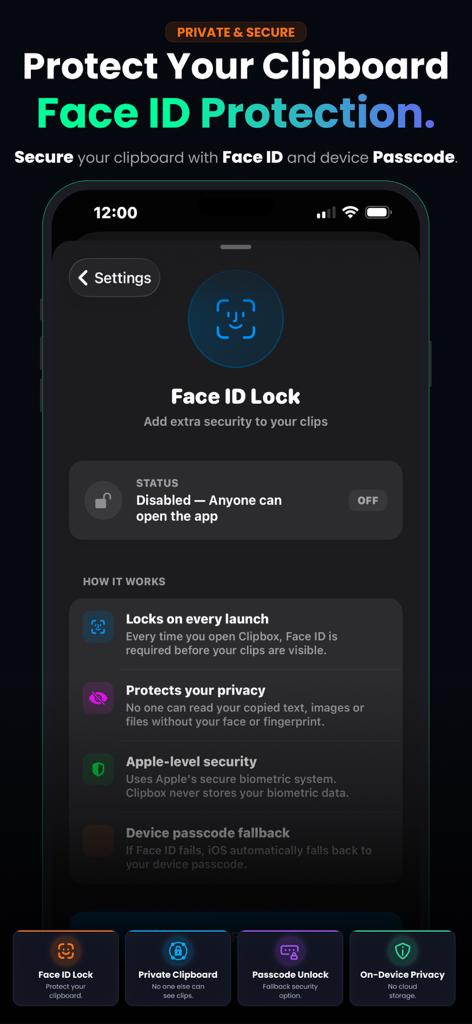 ClipBox – Copy & Paste Manager - Interfaz de la aplicación ClipBox que muestra la configuración de seguridad del portapapeles y el bloqueo de Face ID