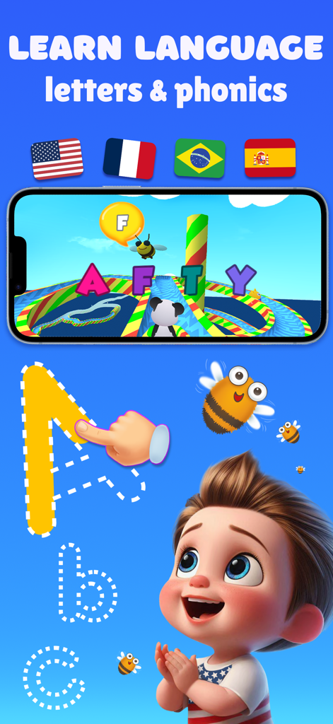 Educational screen showing a child tracing letters and playing a 3D phonics game with flags for different languages