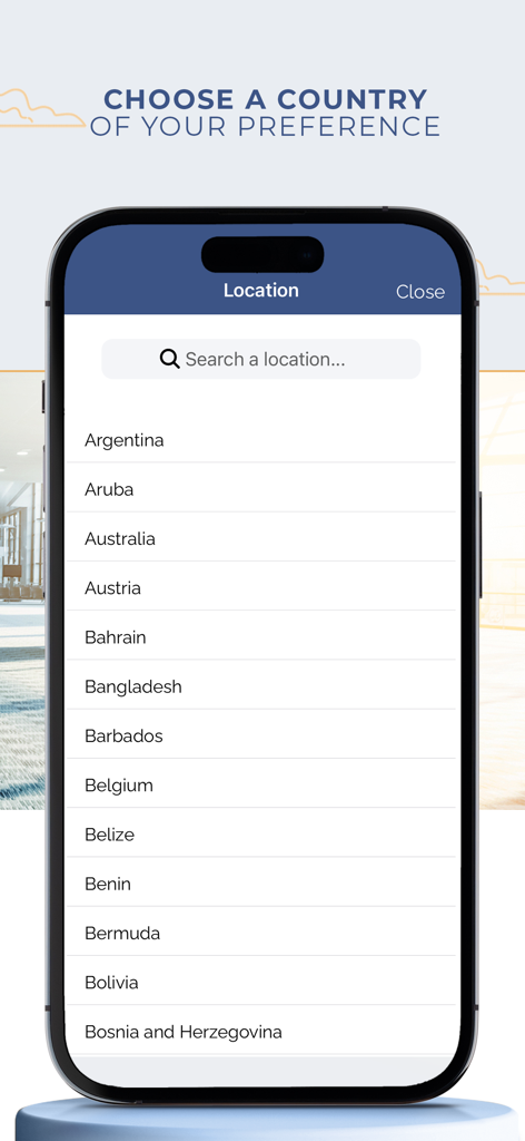 VUMI Travel VIP app interface showing a list of countries and a search bar for location selection