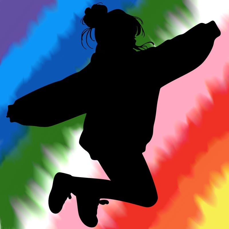 realistic girl jumping with a bun and oversized sweatshirt
