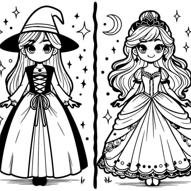 realistic split  of witch and princess