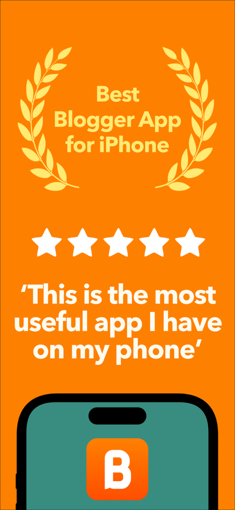 Blogging for Blogspot Blog - Werbegrafik für die Blogging for Blogspot-App mit einer Fünf-Sterne-Bewertung und einem Testimonial eines Benutzers, das besagt, dass es die nützlichste App auf seinem Telefon ist.