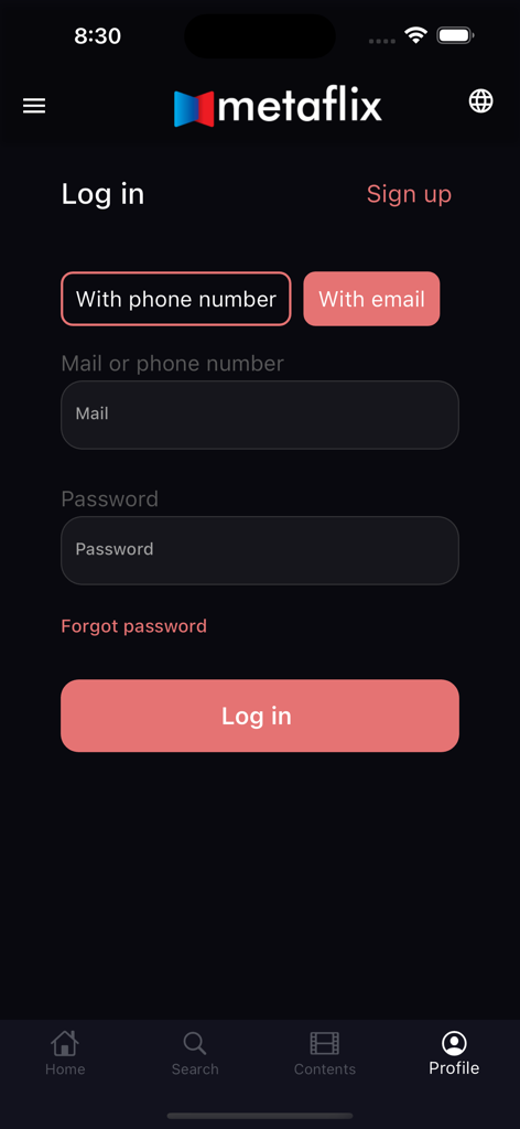 Metaflix - Écran de connexion de l'application Metaflix pour les films et séries azerbaïdjanais proposant une connexion par e-mail et numéro de téléphone.