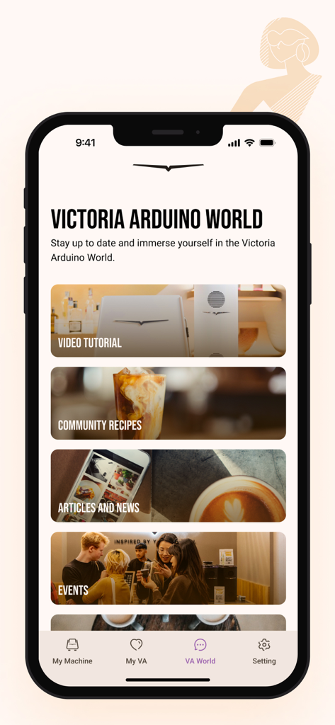 Victoria Arduino E1 Prima - チュートリアルとコミュニティレシピを備えたVictoria ArduinoアプリのVA World画面。