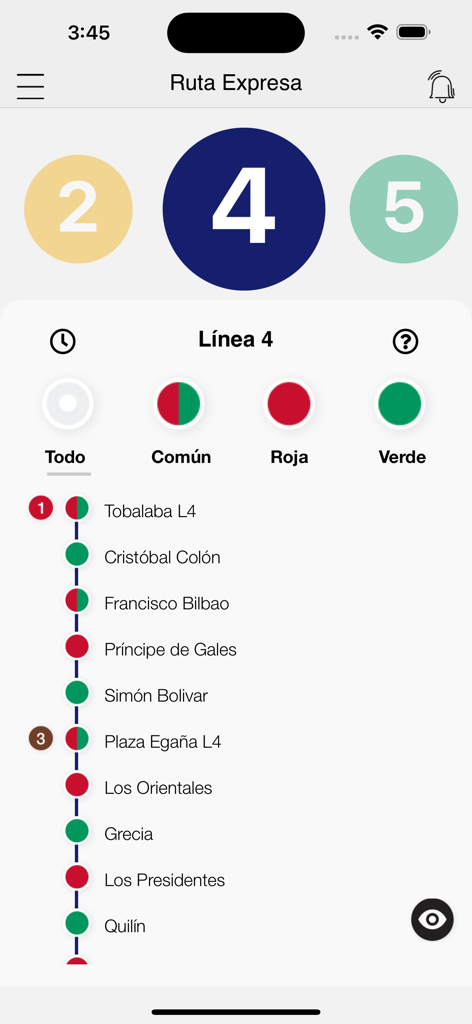 Metro de Santiago Oficial - Mapa de ruta expresa de la aplicación oficial Metro de Santiago para la línea 4 que muestra estaciones rojas y verdes