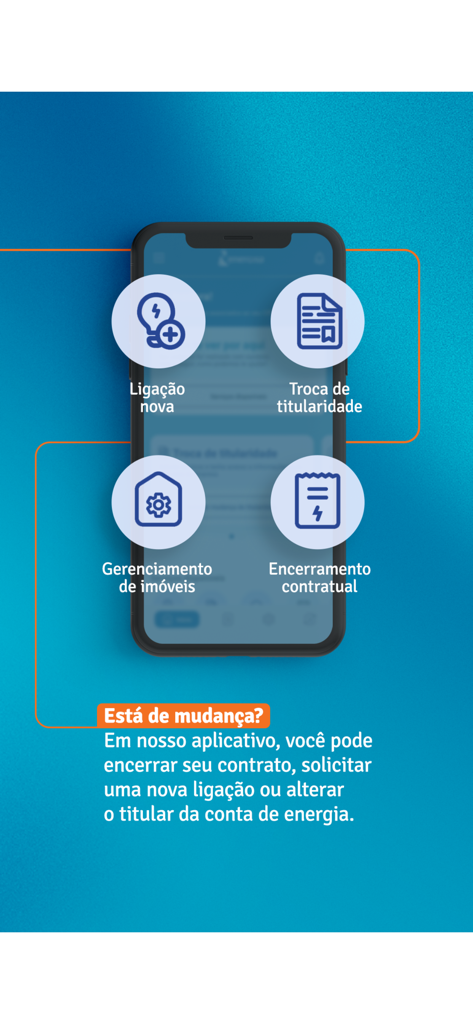 Tela do aplicativo Energisa On exibindo opções para solicitar novas conexões de energia, alterar a titularidade da conta e gerenciar propriedades.