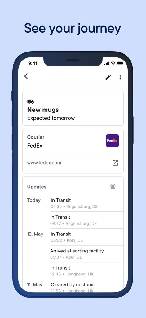 Spoke Package Tracker - Screenshot of Spoke Package Tracker app showing detailed delivery history and current status for a FedEx shipment.
