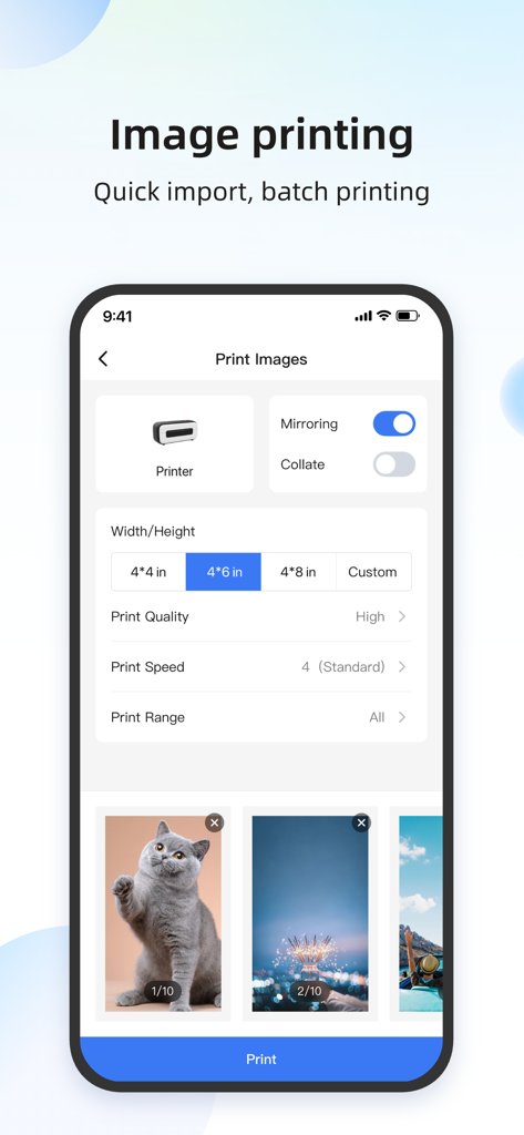 Labelife - Labelife app interface showing settings for batch image printing including size, quality, and printer selection.