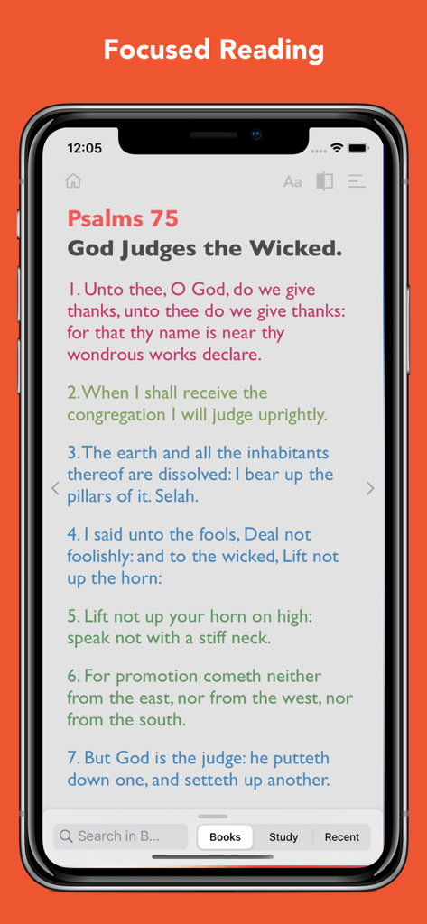 Vista di lettura focalizzata del Salmo 75 nell'app Bible InspiringLife che mostra colori di testo personalizzati