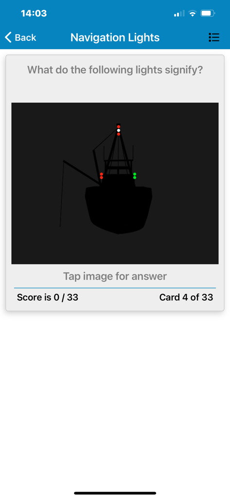 Marine Master Self Test - Cuestionario de identificación de luces de navegación en la aplicación Marine Master Self Test