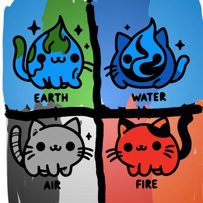 4 cats that represent the different elements, earth, water, air, and fire