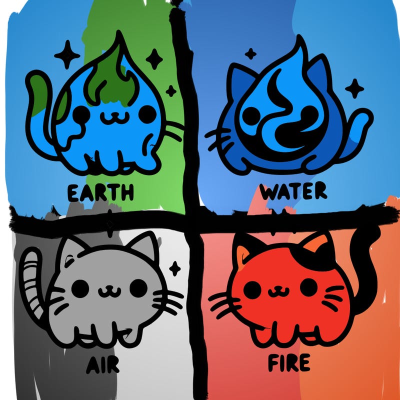 4 cats that represent the different elements, earth, water, air, and fire