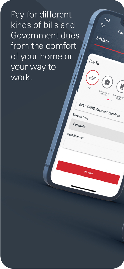 SAB iCorp - Pantalla de la aplicación móvil SAB iCorp que muestra opciones para pagar facturas y deudas gubernamentales con un formulario para el tipo de servicio de pospago y el número de tarjeta.