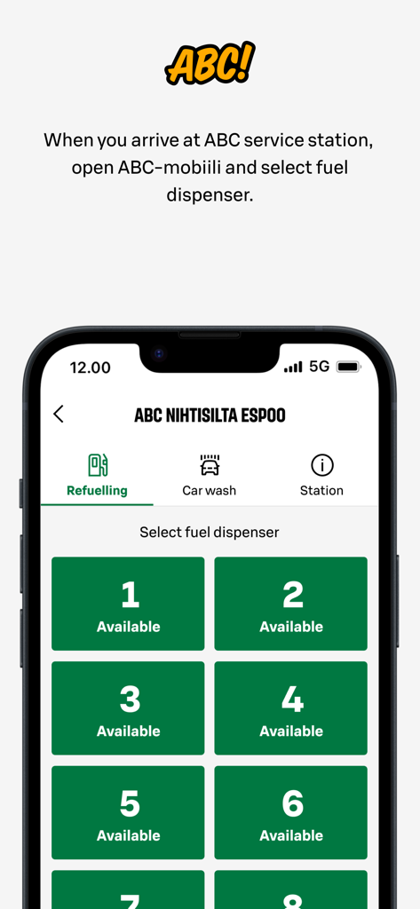 ABC-mobile App-Bildschirm mit verfügbaren Zapfsäulen an einer ABC-Servicestation