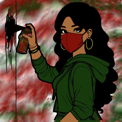 realistic girl with mask spray painting a wall