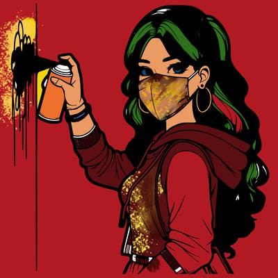 realistic girl with mask spray painting a wall