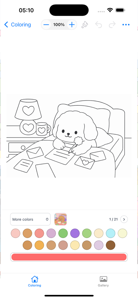 Doodle Goods: Coloring Book - Digital coloring book interface featuring a cute puppy illustration and soft pastel color palettes