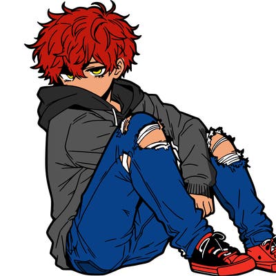 a male hoddie ripped jeans messy hair anime