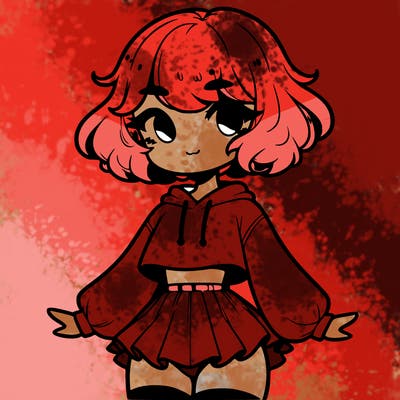cute femboy with short, fluffy hair that softly frames their face, wearing a cropped hoodie, paired with a flouncy short skirt, and thigh-high stockings