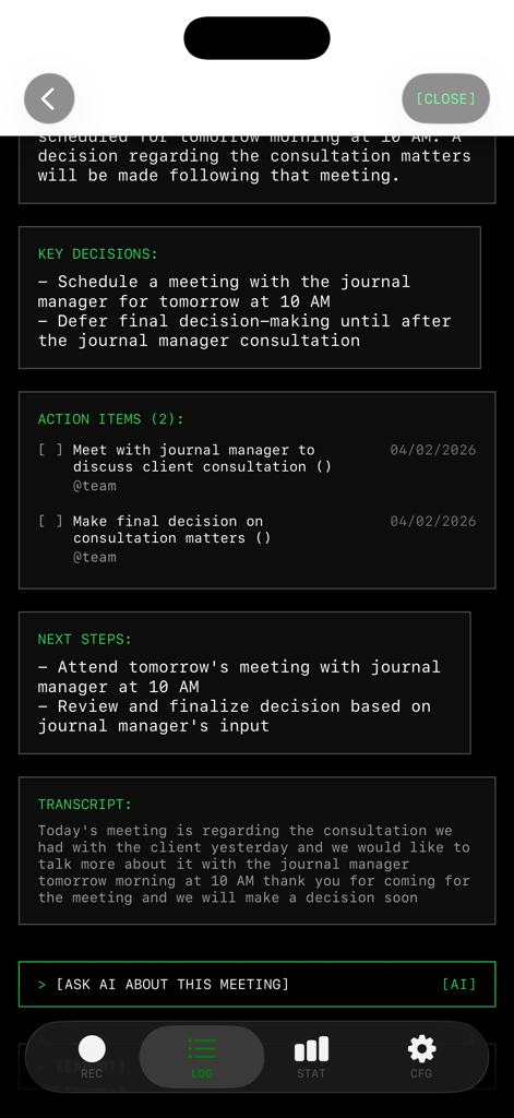 Meeting Mind: AI Voice Notes - Meeting Mind app interface displaying AI generated meeting summary with action items and key decisions